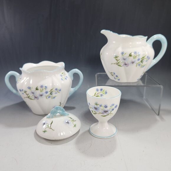 Shelley Blue Rock Covered Sugar & Creamer Set w Matching Egg Cup Bone China VTG - Picture 1 of 8